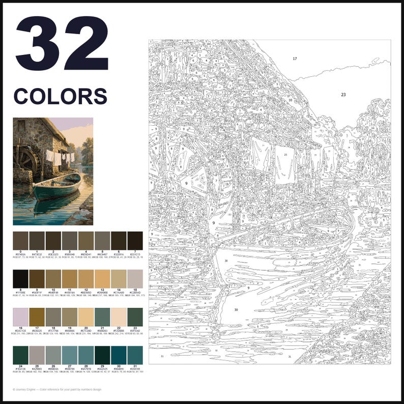 May include: A paint-by-numbers kit featuring a 32-color palette and a numbered outline of a water mill scene with a boat. The design includes a small color reference image showing a stone building, a water wheel, and a boat on a river.