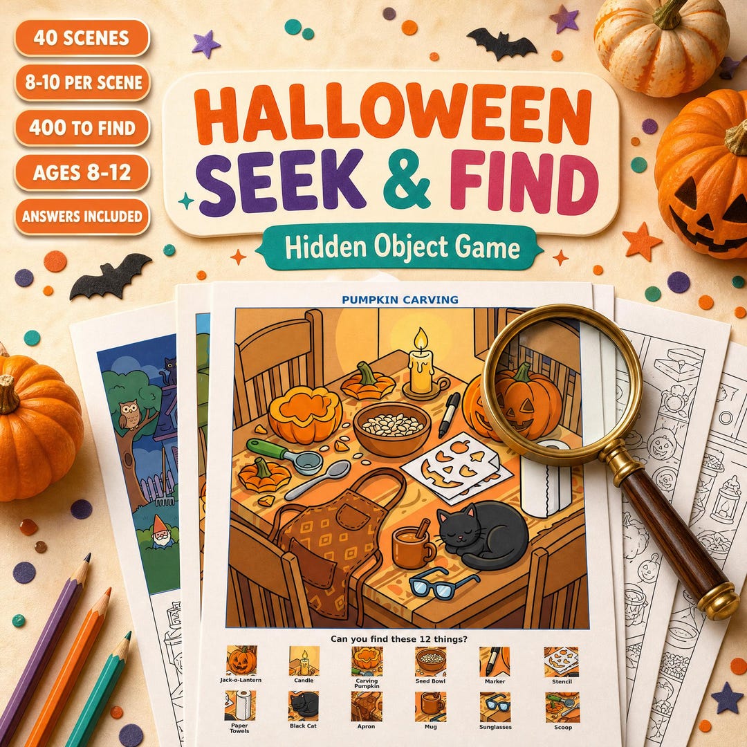 Halloween Seek & Find Printable | Hidden Object Game for Kids 8-12 | 40 ...
