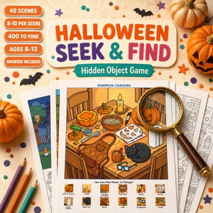 Könnte beinhalten: Ein Halloween Seek & Find Suchspiel-Arbeitsblatt mit einer Cartoon-Illustration einer Kürbisschnitzszene und einer darauf liegenden Lupe. Das Blatt enthält eine Liste mit 12 Suchobjekten, farbige Stifte und Kürbisse.