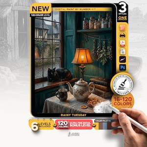 May include: A digital paint by number kit titled Rainy Tuesday featuring a cozy scene with a black cat on a windowsill, a lit lamp, a teapot, and a steaming mug on a table. The kit includes 120 colors, 6 levels, and an interactive progress tracker.