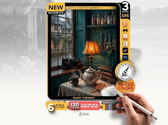 Black Cat and Teapot paint by numbers digital kit, Cozy Rainy Window Art