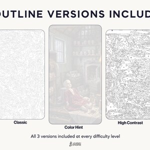 May include: Three paint-by-number outline versions labeled 3 OUTLINE VERSIONS INCLUDED. The left is Classic, the center is Color Hint with a doll image, and the right is High Contrast. Text at the bottom reads All 3 versions included at every difficulty level.