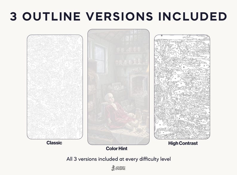 May include: Three paint-by-number outline versions labeled 3 OUTLINE VERSIONS INCLUDED. The left is Classic, the center is Color Hint with a doll image, and the right is High Contrast. Text at the bottom reads All 3 versions included at every difficulty level.