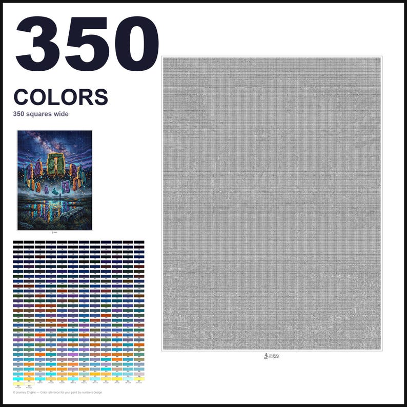 May include: A cross-stitch pattern chart featuring the text 350 COLORS and 350 squares wide. It includes a small color-referenced image of a night sky landscape with floating garments, a large grid of color swatches, and a large gray grid.