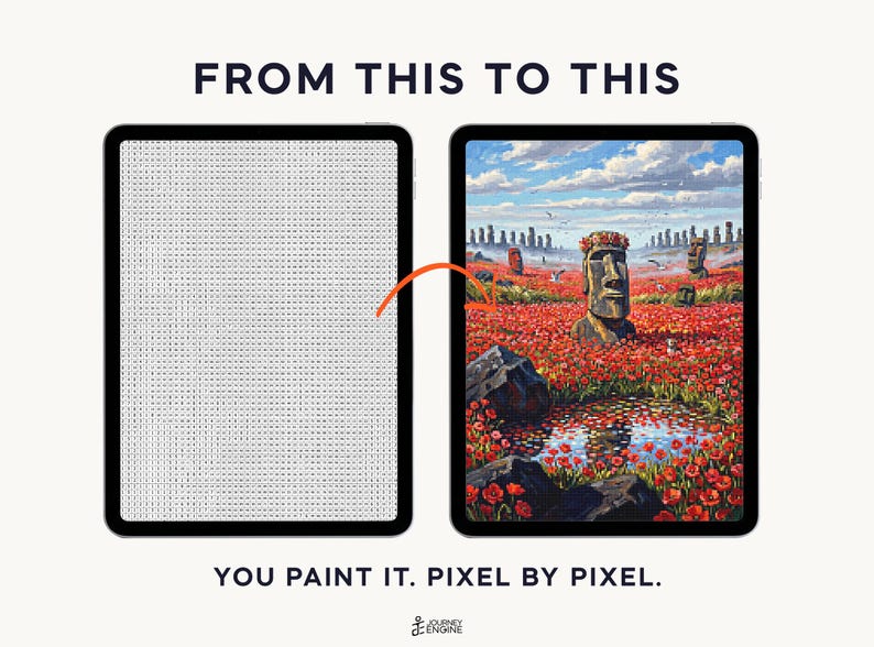 May include: Two tablets displaying a digital paint-by-number activity. The left screen shows a grid of numbered pixels, while the right screen displays a completed colorful landscape of Moai statues in a field of red poppies. Text reads FROM THIS TO THIS and YOU PAINT IT. PIXEL BY PIXEL.