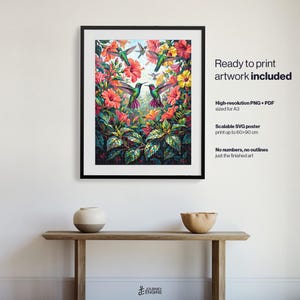 May include: A framed wall art print featuring vibrant hummingbirds surrounded by colorful red, orange, and yellow hibiscus flowers and green foliage. The text on the right side reads Ready to print artwork included, High-resolution PNG + PDF sized for A3, Scalable SVG poster print up to 60x90 cm, No numbers, no outlines just the finished art.