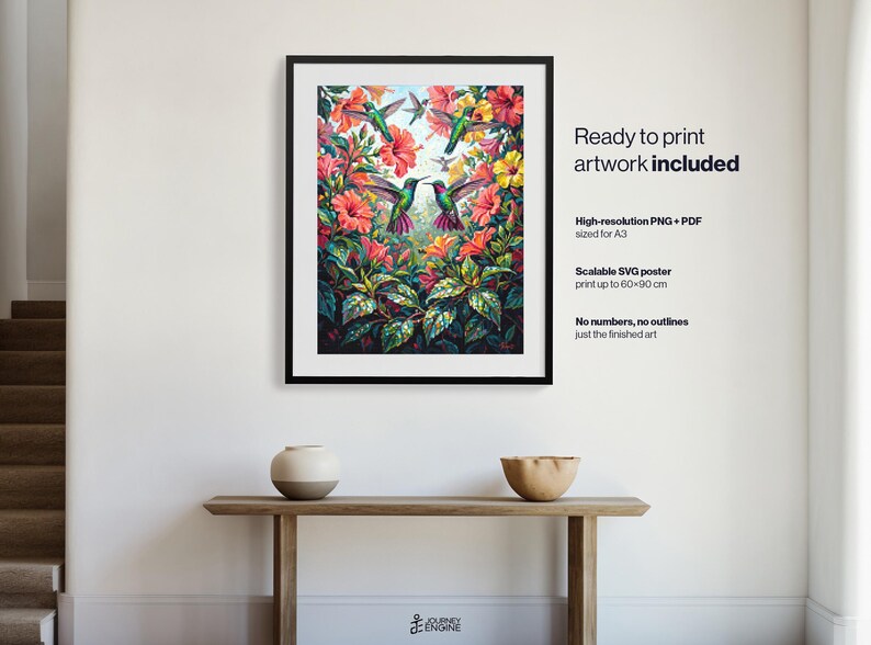 May include: A framed wall art print featuring vibrant hummingbirds surrounded by colorful red, orange, and yellow hibiscus flowers and green foliage. The text on the right side reads Ready to print artwork included, High-resolution PNG + PDF sized for A3, Scalable SVG poster print up to 60x90 cm, No numbers, no outlines just the finished art.