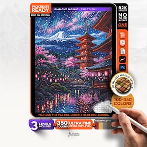 May include: A digital diamond mosaic art file titled Fuji and the Pagoda Under a Blossom Aurora, featuring a mountain, a pagoda, and cherry blossoms. The interface includes text labels like Procreate Ready, 92K Squares, and 350 Ultra Fine Detail.