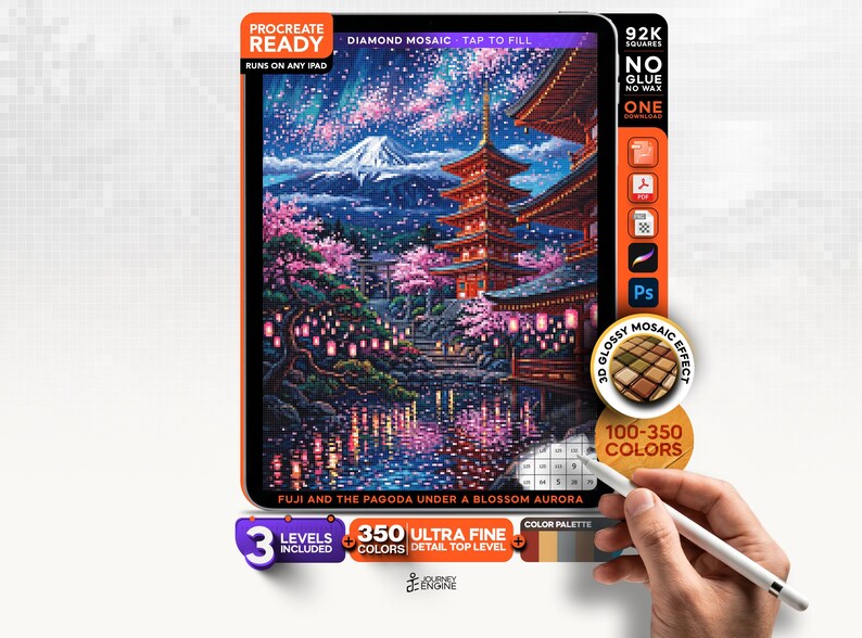 May include: A digital diamond mosaic art file titled Fuji and the Pagoda Under a Blossom Aurora, featuring a mountain, a pagoda, and cherry blossoms. The interface includes text labels like Procreate Ready, 92K Squares, and 350 Ultra Fine Detail.