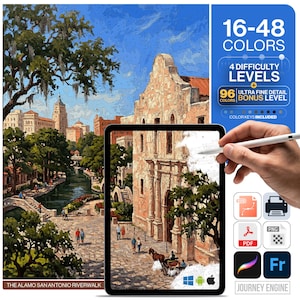 May include: A digital painting kit featuring the Alamo and San Antonio Riverwalk. The display shows a tablet with a stylus, displaying a partially colored scene of a stone building and a horse-drawn carriage, with text indicating 16-48 colors.