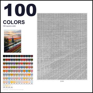 May include: A paint-by-numbers pattern featuring a landscape with a windmill and tulip fields. The document includes a large grid of numbers, a color reference chart with 100 distinct swatches labeled 0 through 99, and the text 100 COLORS.