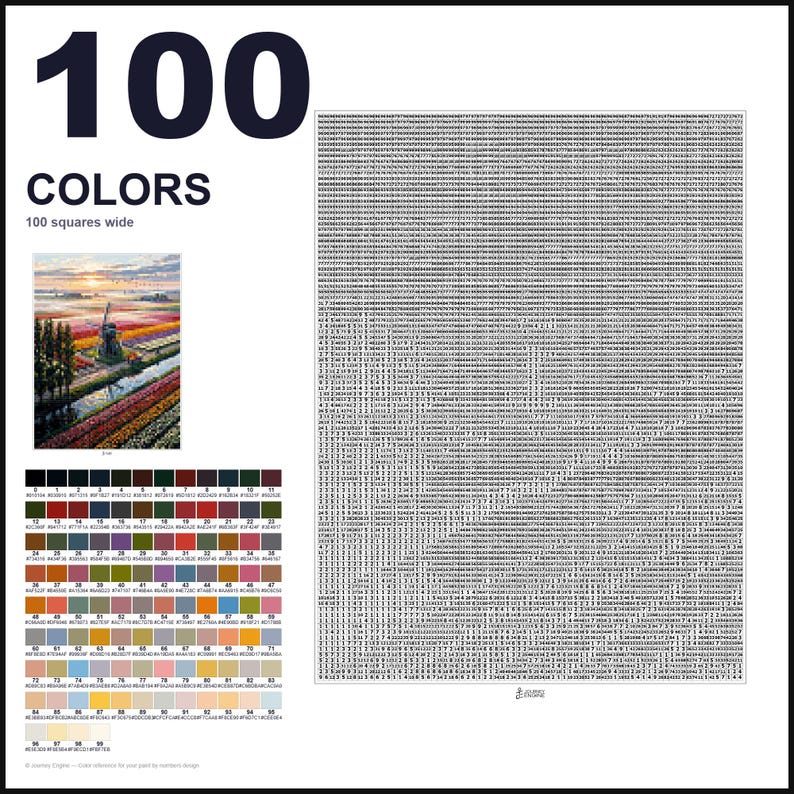 May include: A paint-by-numbers pattern featuring a landscape with a windmill and tulip fields. The document includes a large grid of numbers, a color reference chart with 100 distinct swatches labeled 0 through 99, and the text 100 COLORS.