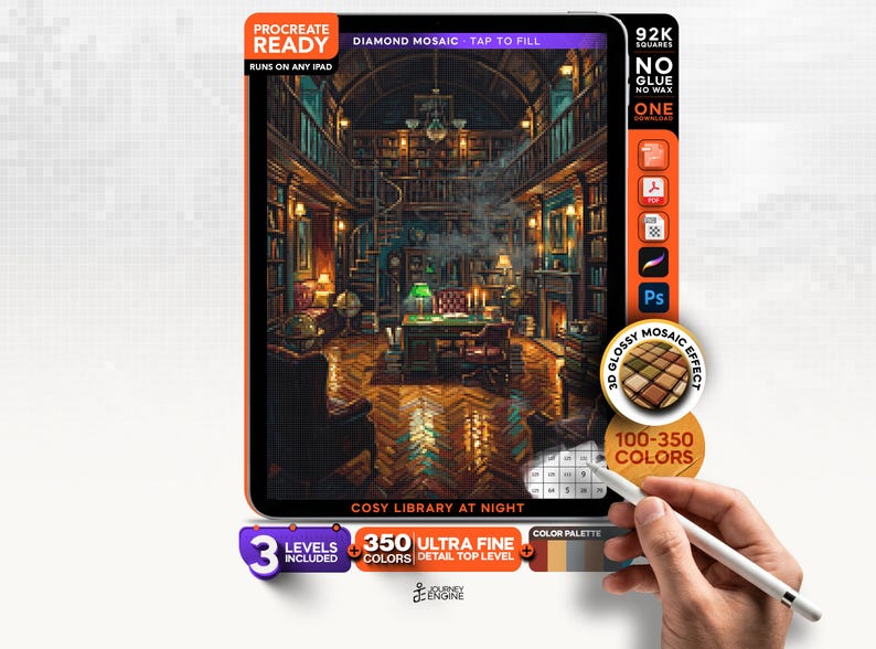 May include: A digital diamond mosaic art file titled COSY LIBRARY AT NIGHT, featuring a detailed library scene with a desk, bookshelves, and a fireplace. The interface includes labels like PROCREATE READY, 92K SQUARES, and 350 ULTRA FINE DETAIL.
