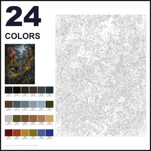 May include: A paint-by-numbers kit featuring 24 colors with a numbered outline of a forest scene containing mushrooms and small dwellings. The kit includes a small color reference image and a grid of 24 color swatches with RGB values.