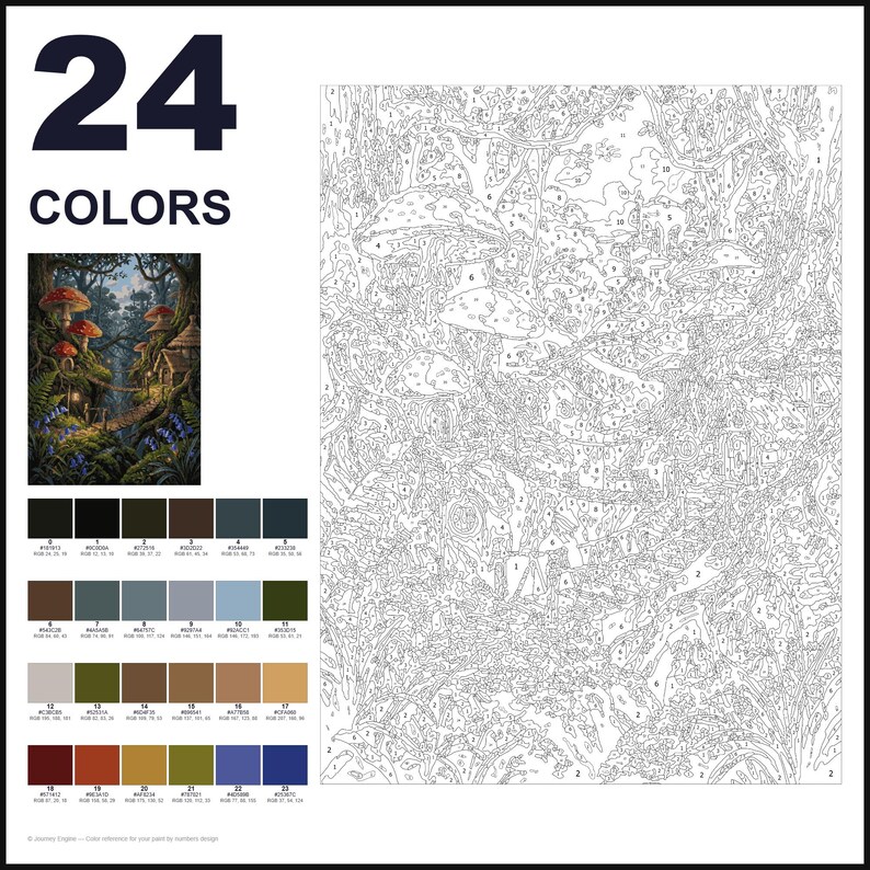 May include: A paint-by-numbers kit featuring 24 colors with a numbered outline of a forest scene containing mushrooms and small dwellings. The kit includes a small color reference image and a grid of 24 color swatches with RGB values.