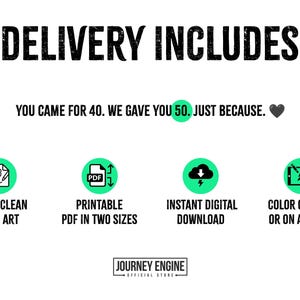 May include: A digital product information graphic with the text DELIVERY INCLUDES, YOU CAME FOR 40. WE GAVE YOU 50. JUST BECAUSE. Icons feature bold line art, a PDF symbol, a download cloud, and a tablet. The bottom text reads JOURNEY ENGINE OFFICIAL STORE.
