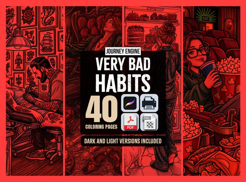 Op de afbeelding: Een digitaal kleurboek getiteld Journey Engine Very Bad Habits met 40 kleurplaten in donkere en lichte versies. De omslag toont vier rood getinte illustraties van een tatoe&euml;erder, een rustend persoon, een keukensc&egrave;ne en een bioscoop.