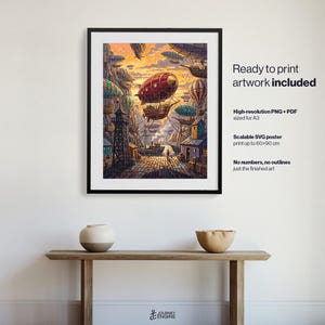 May include: A framed digital art print featuring a steampunk-inspired scene with multiple airships floating above a harbor at sunset. The text reads: Ready to print artwork included, High-resolution PNG + PDF sized for A3, Scalable SVG poster print up to 60x90 cm, No numbers, no outlines, just the finished art.