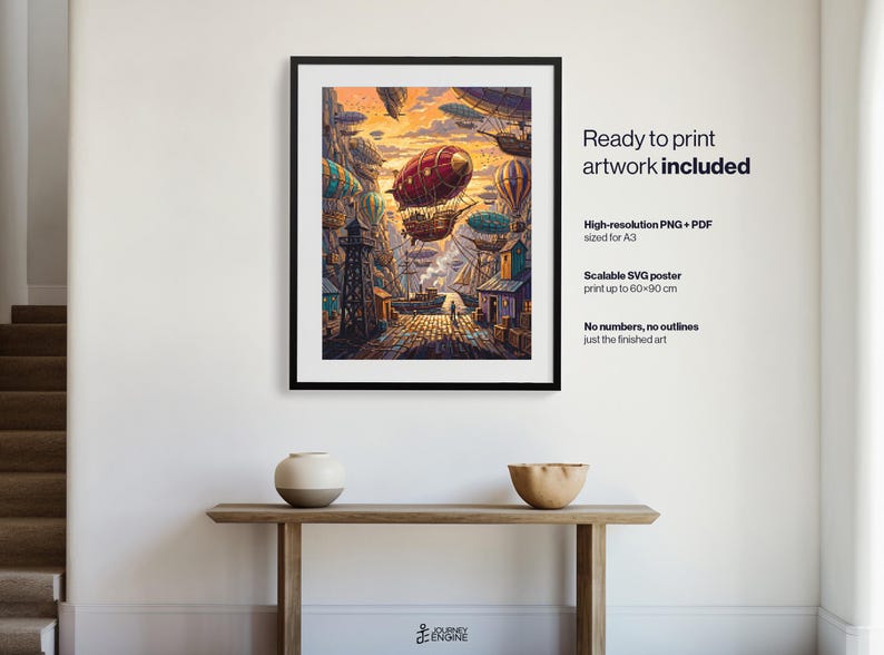 May include: A framed digital art print featuring a steampunk-inspired scene with multiple airships floating above a harbor at sunset. The text reads: Ready to print artwork included, High-resolution PNG + PDF sized for A3, Scalable SVG poster print up to 60x90 cm, No numbers, no outlines, just the finished art.