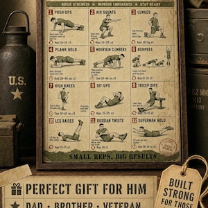 Puede incluir: Un p&oacute;ster enmarcado titulado Military Calisthenics Full Body Workout FM 21-20, que presenta doce ilustraciones de ejercicios numeradas con instrucciones. El p&oacute;ster tiene una est&eacute;tica de papel envejecido con texto oscuro y detalles verdes.
