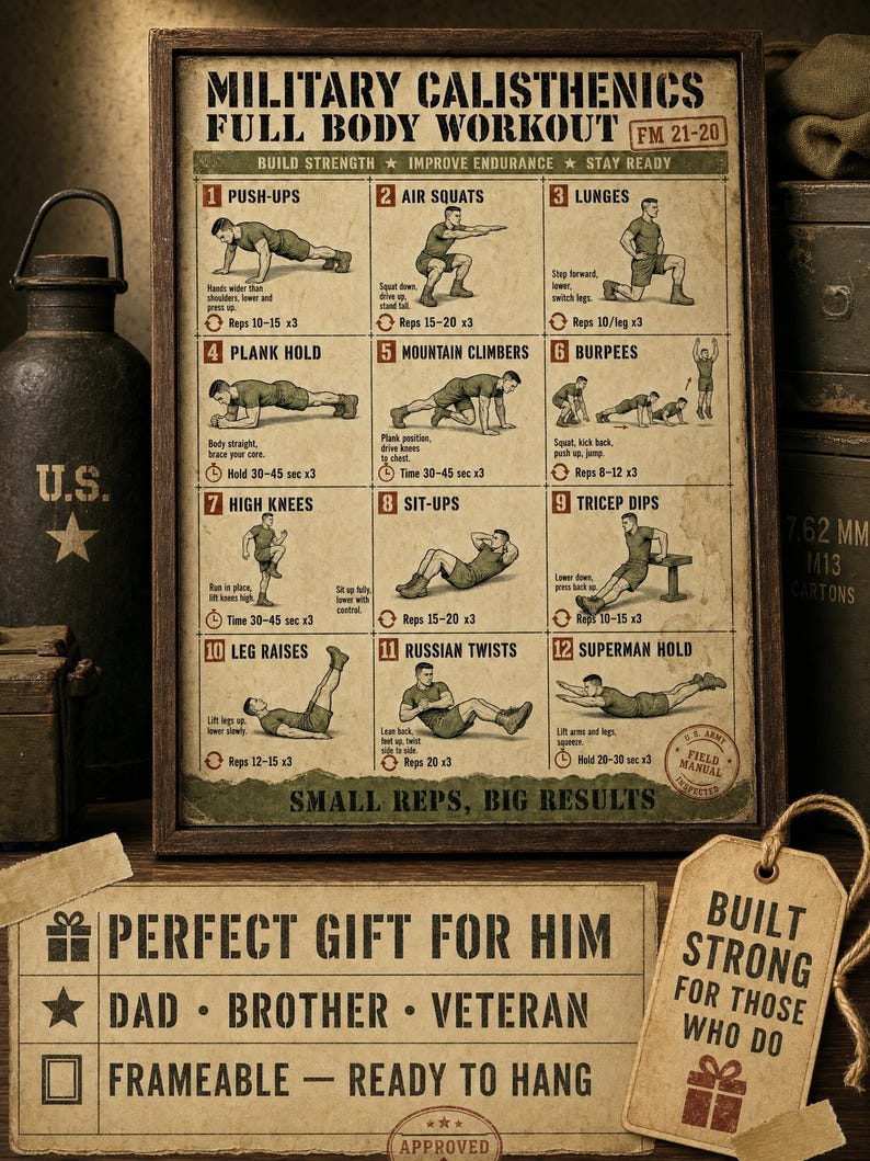 Puede incluir: Un p&oacute;ster enmarcado titulado Military Calisthenics Full Body Workout FM 21-20, que presenta doce ilustraciones de ejercicios numeradas con instrucciones. El p&oacute;ster tiene una est&eacute;tica de papel envejecido con texto oscuro y detalles verdes.