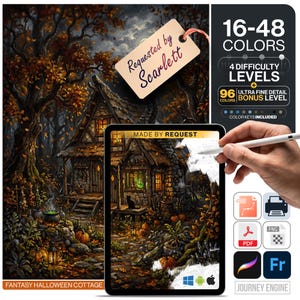Könnte beinhalten: Ein digitales Malen-nach-Zahlen-Set mit einem Fantasy-Halloween-Häuschen, einer schwarzen Katze, Kürbissen und einem brodelnden Kessel. Das Set enthält 16-48 Farben, 4 Schwierigkeitsgrade, eine Bonusstufe mit 96 Farben und Dateiformate.