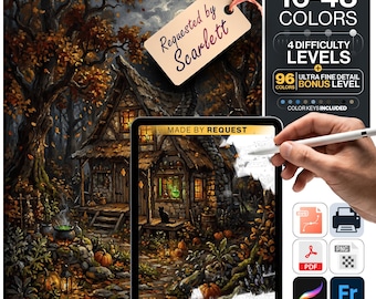Autumn Witch Cottage Paint by Numbers Digital | 5 Levels 16-96 Colors | Svg Pdf Png Procreate | Fantasy Halloween Cottage Printable Wall Art