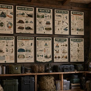 K&ouml;nnte beinhalten: Zehn rechteckige Lehrplakate an einer Holzwand, die jeweils detaillierte Illustrationen und Texte zu &Uuml;berlebensfertigkeiten wie Erste Hilfe, Unterk&uuml;nfte, Wasser, Werkzeuge, essbare Wildpflanzen, Fallenstellen, Navigation und Knoten zeigen.