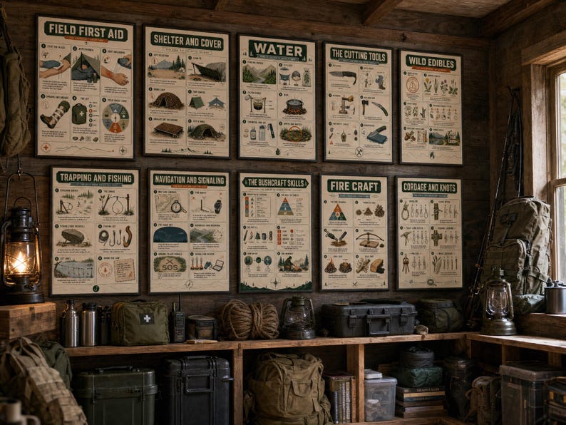 K&ouml;nnte beinhalten: Zehn rechteckige Lehrplakate an einer Holzwand, die jeweils detaillierte Illustrationen und Texte zu &Uuml;berlebensfertigkeiten wie Erste Hilfe, Unterk&uuml;nfte, Wasser, Werkzeuge, essbare Wildpflanzen, Fallenstellen, Navigation und Knoten zeigen.