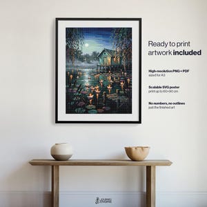 May include: A framed digital art print featuring a moonlit lake scene with a small cabin on stilts, surrounded by glowing paper lanterns floating on the water. The text reads: Ready to print artwork included, High-resolution PNG + PDF sized for A3, Scalable SVG poster print up to 60x90 cm, No numbers, no outlines, just the finished art.