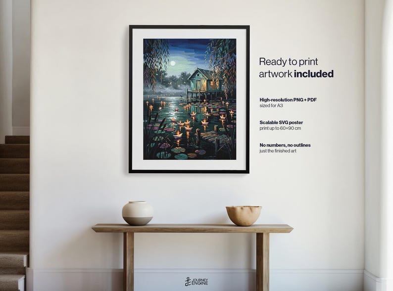 May include: A framed digital art print featuring a moonlit lake scene with a small cabin on stilts, surrounded by glowing paper lanterns floating on the water. The text reads: Ready to print artwork included, High-resolution PNG + PDF sized for A3, Scalable SVG poster print up to 60x90 cm, No numbers, no outlines, just the finished art.