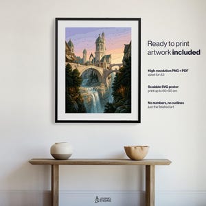 May include: A framed digital art print featuring a fantasy castle with stone bridges over a waterfall and forest. Text reads: Ready to print artwork included, High-resolution PNG + PDF sized for A3, Scalable SVG poster print up to 60x90 cm.