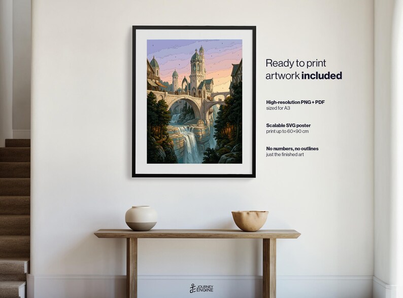 May include: A framed digital art print featuring a fantasy castle with stone bridges over a waterfall and forest. Text reads: Ready to print artwork included, High-resolution PNG + PDF sized for A3, Scalable SVG poster print up to 60x90 cm.