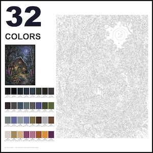 May include: A paint-by-numbers kit featuring a 32-color palette, a small reference image of a cottage in a forest at night with a crescent moon, and a large numbered outline canvas depicting the same scene with intricate details and foliage.