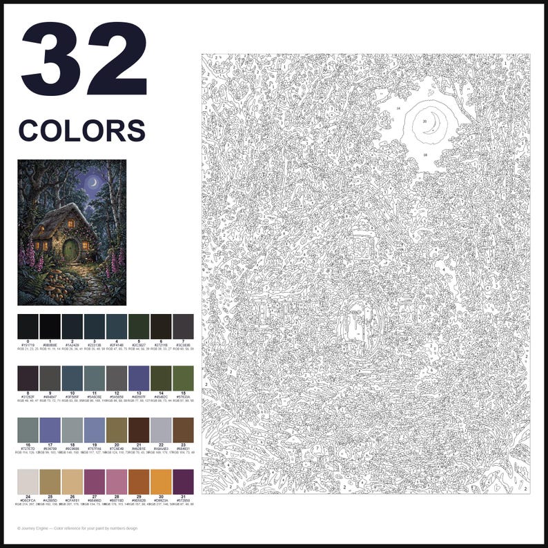 May include: A paint-by-numbers kit featuring a 32-color palette, a small reference image of a cottage in a forest at night with a crescent moon, and a large numbered outline canvas depicting the same scene with intricate details and foliage.