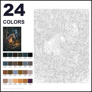 May include: A paint-by-number kit featuring a unicorn in a forest scene. The layout includes the text 24 COLORS, a small color reference image, a grid of 24 numbered color swatches with RGB values, and a large outline template with numbered sections.
