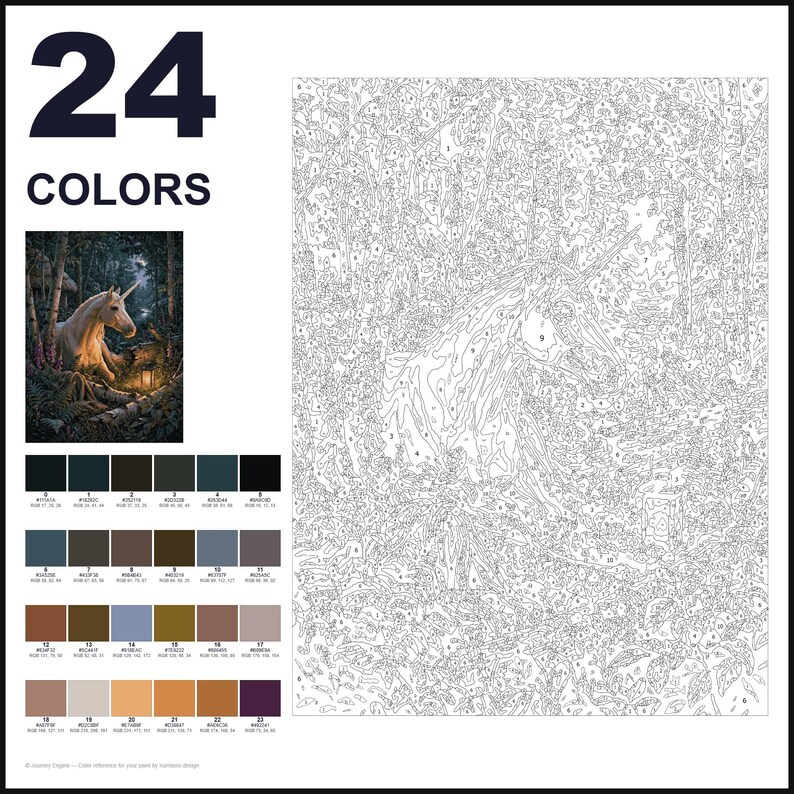 May include: A paint-by-number kit featuring a unicorn in a forest scene. The layout includes the text 24 COLORS, a small color reference image, a grid of 24 numbered color swatches with RGB values, and a large outline template with numbered sections.