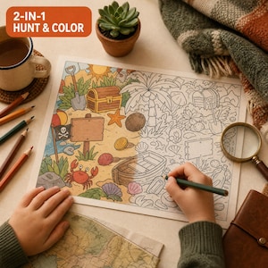 May include: A 2-in-1 hunt and color activity sheet featuring a pirate-themed island scene with a treasure chest, crab, boat, and palm trees. The left side is partially colored, while the right side remains as black and white line art.