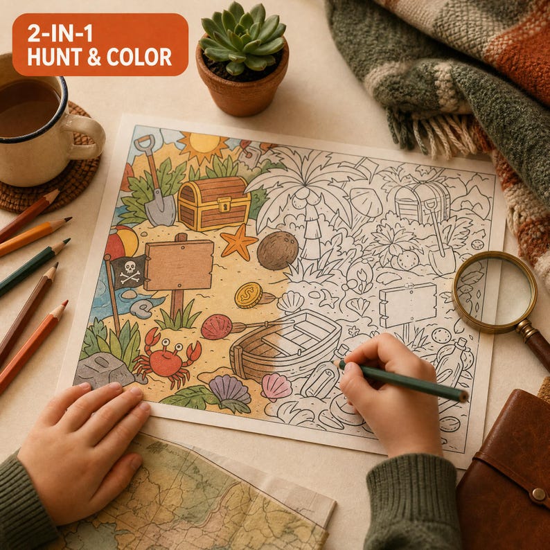 May include: A 2-in-1 hunt and color activity sheet featuring a pirate-themed island scene with a treasure chest, crab, boat, and palm trees. The left side is partially colored, while the right side remains as black and white line art.