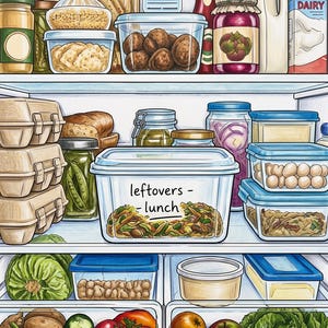 May include: A refrigerator interior filled with various food items in containers, including a clear plastic box labeled 'leftovers - lunch' containing a vegetable mixture, glass jars, egg cartons, fresh produce like tomatoes, apples, and lettuce.