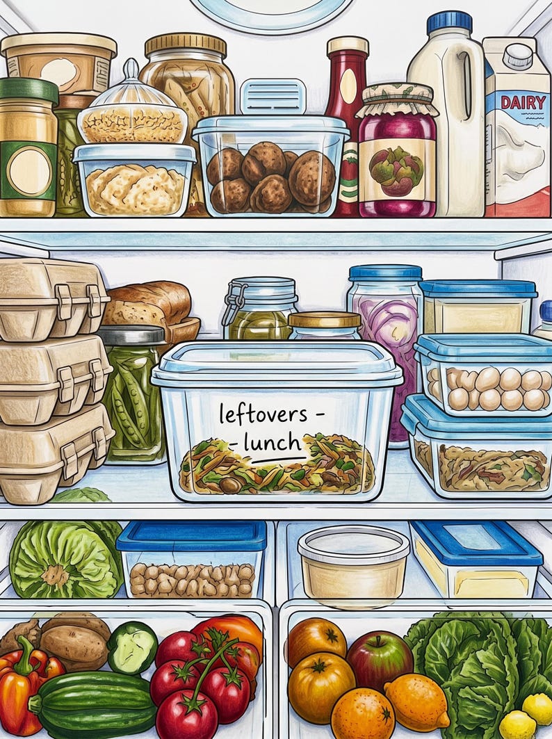 May include: A refrigerator interior filled with various food items in containers, including a clear plastic box labeled 'leftovers - lunch' containing a vegetable mixture, glass jars, egg cartons, fresh produce like tomatoes, apples, and lettuce.