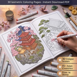 Isometric Asian Architecture Coloring Book | 30 Pages, Cultural Scenes (Digital Download)
