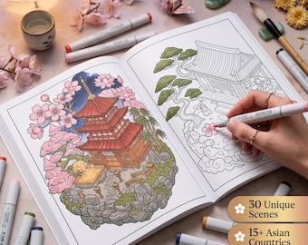 Isometric Asian Architecture Coloring Book | 30 Pages, Cultural Scenes (Digital Download)