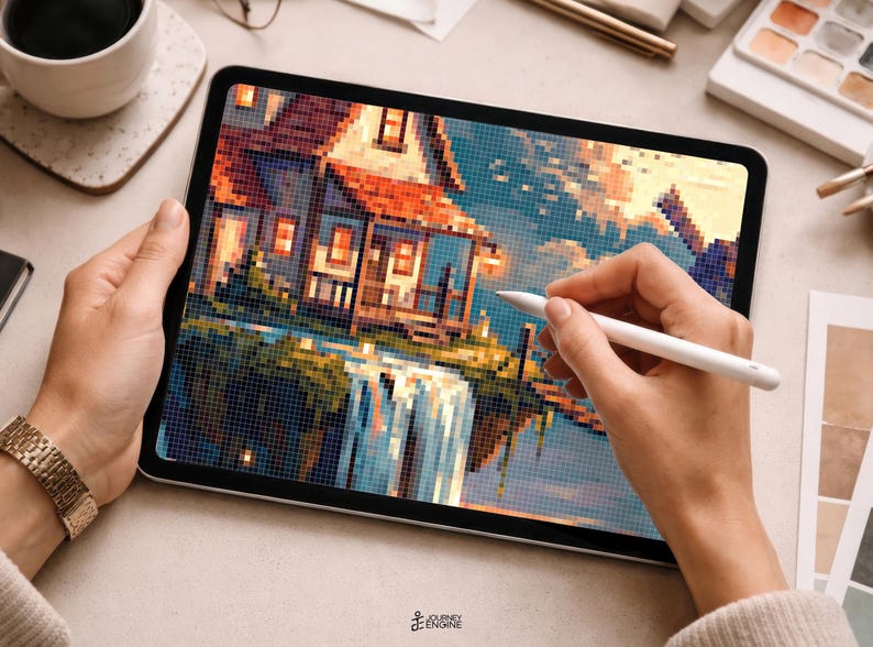 May include: A tablet displaying a pixel art illustration of a house with a red roof situated above a waterfall. The digital artwork features a color palette of blues, oranges, and yellows. A white stylus is held against the screen surface.