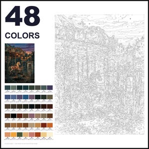 May include: A paint-by-numbers kit featuring a carousel scene with 48 colors. The image includes a large numbered outline of a carousel horse, a small finished reference image, and a grid of 48 distinct paint color swatches with labels.