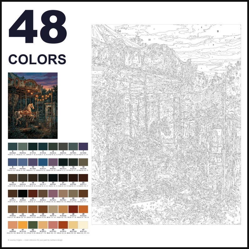 May include: A paint-by-numbers kit featuring a carousel scene with 48 colors. The image includes a large numbered outline of a carousel horse, a small finished reference image, and a grid of 48 distinct paint color swatches with labels.