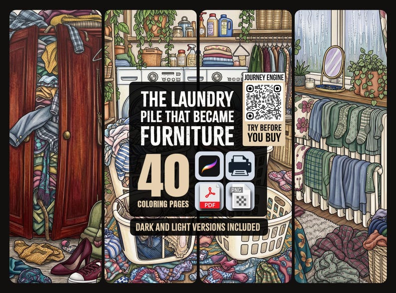 Op de afbeelding: Een digitaal kleurboek getiteld The Laundry Pile That Became Furniture met 40 pagina's in donkere en lichte versies. De illustratie toont een houten kledingkast, wasmanden, een wasmachine en kleding die aan een radiator hangt.