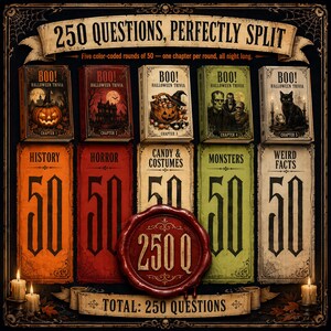 May include: A Halloween trivia game set featuring 250 questions divided into five chapters. The design includes five rectangular cards in orange, red, cream, green, and white, each labeled with a category and the number 50, plus a red wax seal.