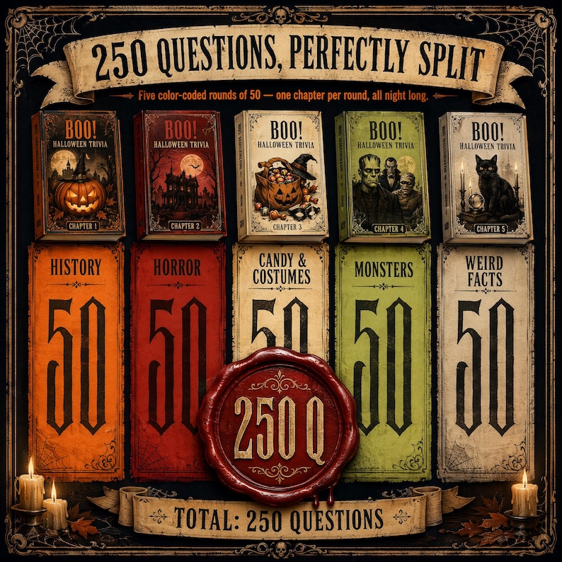 May include: A Halloween trivia game set featuring 250 questions divided into five chapters. The design includes five rectangular cards in orange, red, cream, green, and white, each labeled with a category and the number 50, plus a red wax seal.