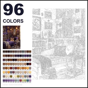 Puede incluir: Un kit de pintura por n&uacute;meros con una paleta de 96 colores y una plantilla de l&iacute;neas de un interior de biblioteca. El dise&ntilde;o incluye una chaise longue, estanter&iacute;as, cuadros en la pared y una mesa auxiliar. Una imagen muestra el resultado.
